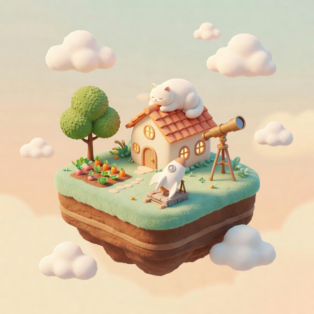 A cozy floating island with a cottage, a garden and a small rocket.